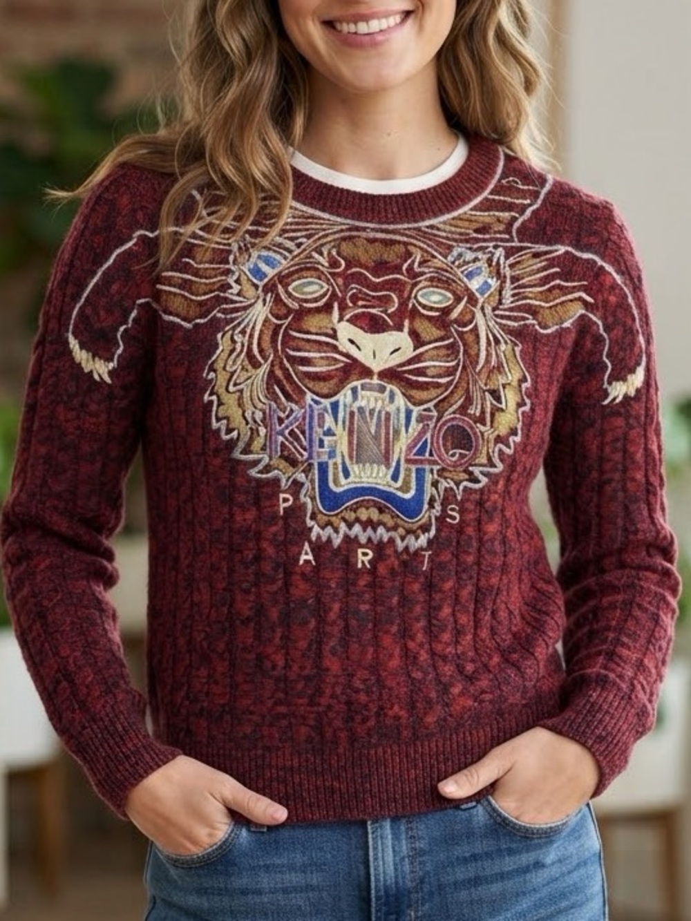 KENZO Red Navy Cable Knit Tiger Embroidered Sweater